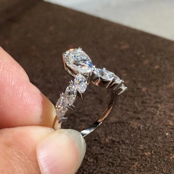 ▶Marquis Angle Wings Wedding Anillos Water Drop Pure CZ Pear Ring, L183 - Picture 6 of 6